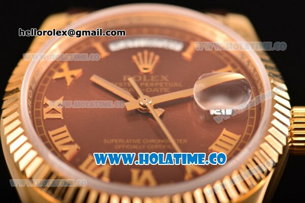 Rolex Day-Date Asia 2813/Swiss ETA 2836/Clone Rolex 3135 Automatic Yellow Gold Case with Roman Numeral Markers and Brown Dial (BP) - Click Image to Close